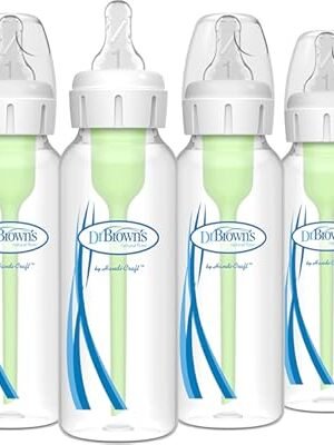 Dr. Brown's Natural Flow Anti-Colic Options+ Narrow Baby Bottle, 8 oz/250 mL, with Level 1 Slow Flow Nipples, 0m+, 4 Pack
