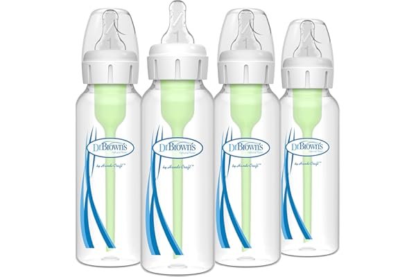 Dr. Brown's Natural Flow Anti-Colic Options+ Narrow Baby Bottle, 8 oz/250 mL, with Level 1 Slow Flow Nipples, 0m+, 4 Pack
