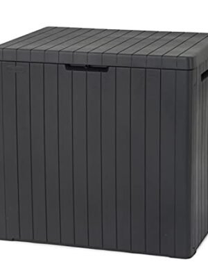 Keter City 113L Outdoor 96% recycled Small Balcony Garden Furniture Storage Box Grey Wood Panel Effect | Fade Free | All Weather Resistant | Safe and Secure | Zero Maintenance | 2 year Warranty