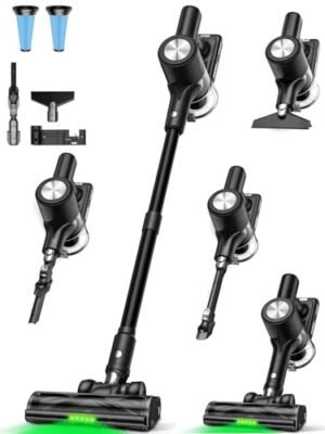 Akku Staubsauger 48KPa/500W/55Mins, Staubsauger Kabellos mit Wandmontierte Ladestation, Selbststehende, LED Display, Anti Tangle Bürste, fürTierhaare/Teppiche